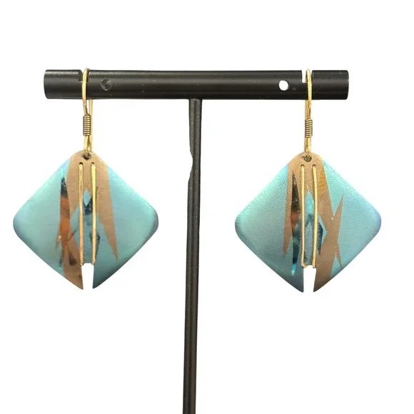 Holly Yashi Niobium Earrings Teal Blue Iridescent Geometric Diamond Dangle Drop - Picture 1 of 6